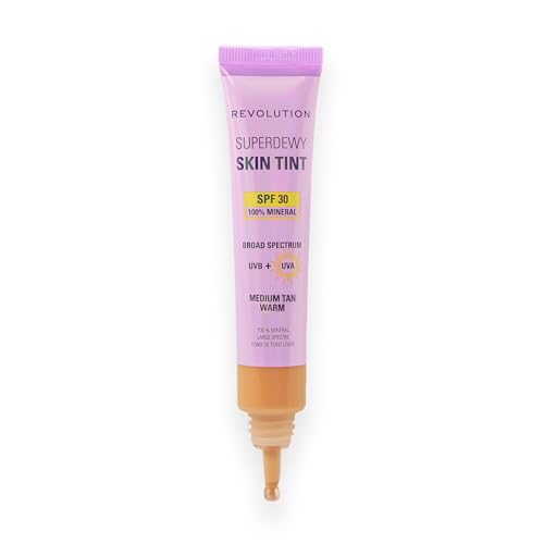 Image of Revolution Superdewy SPF 30 Skin Tint, Medium Tan Warm | Tinted Mineral Face Foundation, Buildable Coverage for Facial Glow, 12% Zinc Oxide, Vegan & Cruelty-Free