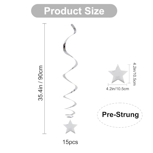 Image of BEISHIDA Silver Star Hanging Swirl Decorations,Hanging Silver Party Supplies for Graduation Wedding Baby Shower Decorations, Pack of 15
