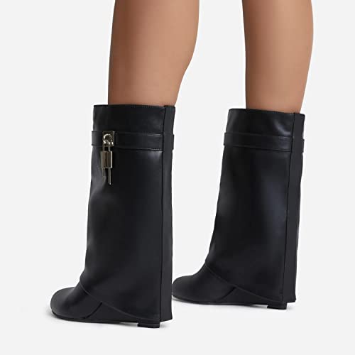 Yishaweiqi Padlock Ankle Boots Fold Over Wedge Heel Booties Wide-calf Short Boot2