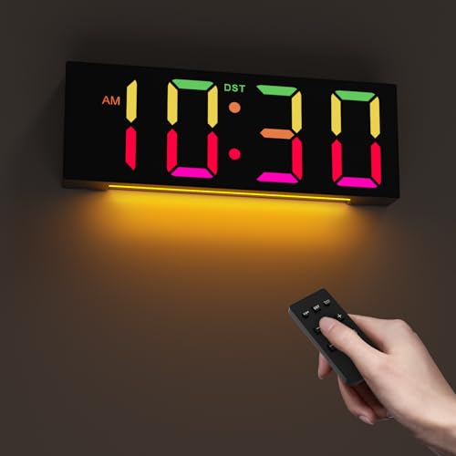 Digital Clock Large Wall Clock with Big Digit for Elderly 5 Level Brightness 8 Colours LED Display DST 12/24H - Simple Clock with Night Light for Bedroom Living Room Kitchen Office Classroom