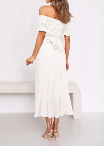 Image of KIRUNDO Women's Satin Summer Wedding Guest Cocktail Dress | 2026 Spring Fall Party Midi Dress, Silky, Elegant Off Shoulder Short Sleeve, Ruffle Mermaid Hem, Wrap Prom Formal Outfits
