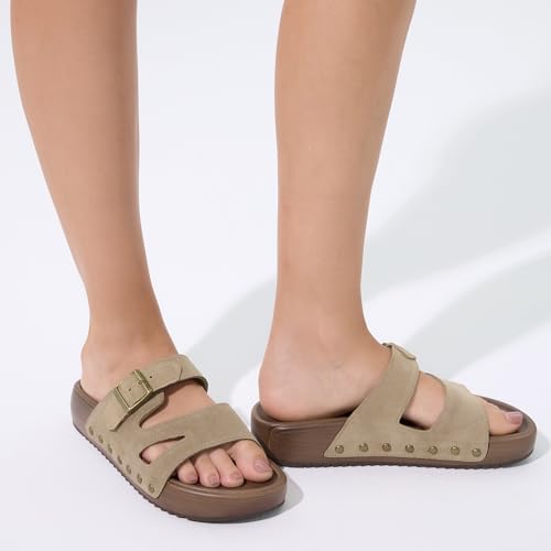Image of UBFEN Womens Platform Slide Sandals | Real Leather,Buckle Sandals with Cushioned Flatform Footbed,Comfortable for Walking,Arch Support,Casual Styling