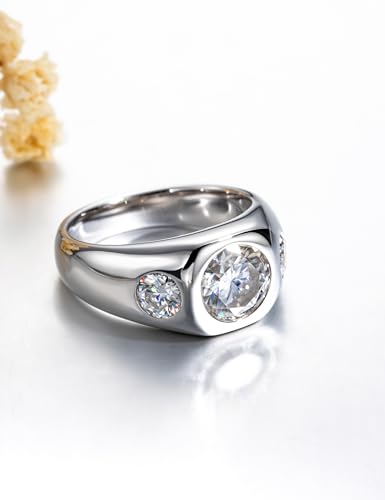 CannyCat 3 CTTW 3-Stone Moissanite Engagement Anniversary Promise Ring, 2 ct Center with 0.5 ct Side Stones, VVS D-color Moissanite, Platinum-Plated Silver Wide Band4