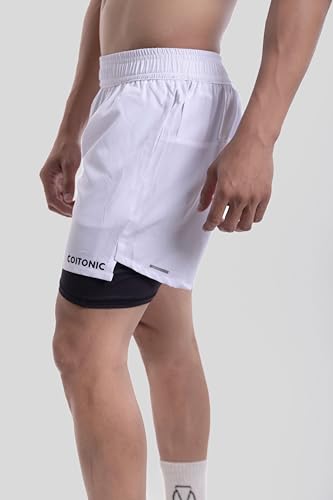 Image of COITONIC 2 in 1 Active Dual Black Shorts with Inner Tights Layer | Men's Double Layer Short for Running, Gym & Sports
