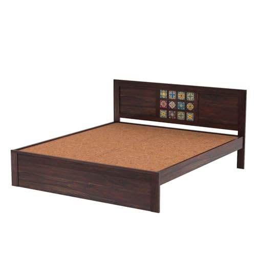 Image of Sheesham Wood King Size Bed Without Storage | Wooden Bed King Size Double Cot Palang Bed for Bedroom | Tile Design Headboard Bed for Living Room | Walnut Finish