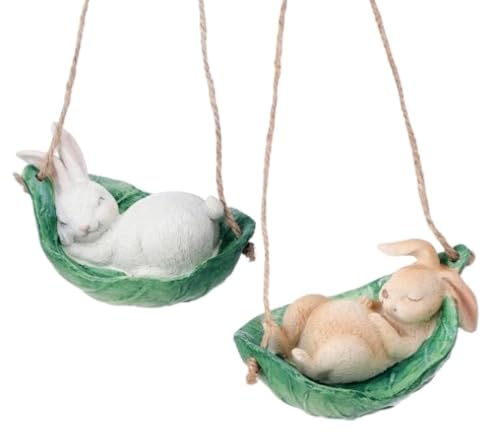 The Bridge Collection Swinging Bunny Hangers - Sleeping Bunnies in Leaf Hammocks Perfect for Spring and Garden Decor - Nature Inspired Easter Rabbit Home Accents