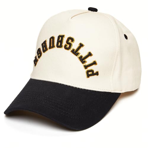 Funky Junque Pittsburgh Trucker Hat Upside Down City Embroidered Baseball Cap Unisex Adjustable Snapback Hat for Game Day Tailgating and Everyday Wear - Pittsburgh - Black/Beige