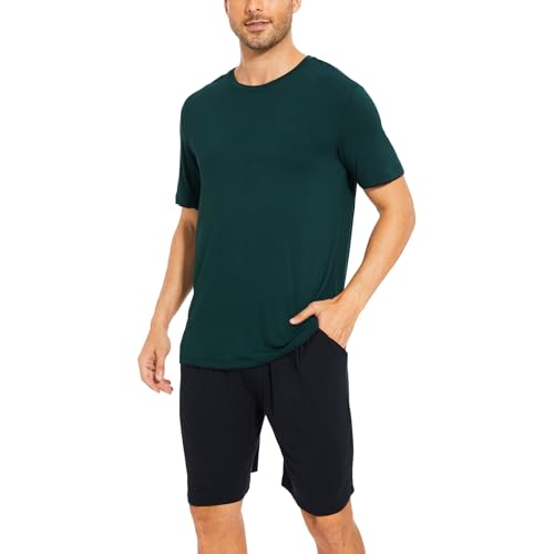 Mens Short Pajamas Set with Pockets,Green,Large2