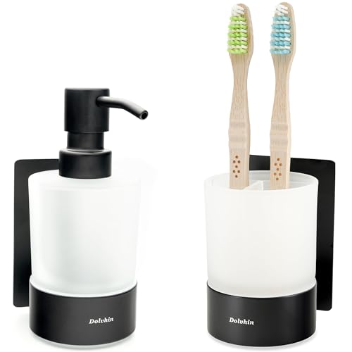 Dolvhin® Distributeur de Savon et Porte-Brosse à Dents Mural | Verre dépoli à Coller | Gobelet à Dents INOX sans perçage | Doseur Savon Liquide | Set...