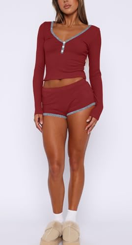 Image of INFITTY Womens Sexy Vneck 2 Piece Sets Casual Long Sleeve Button Short Pajama Outfit 2026 Trendy Crop Top Nightwear