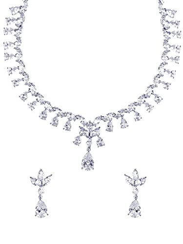 Image of Yellow Chimes Jewellery Set for Women Rhodium Plated Cubic Zircon Silver Necklace with Earring Set Floral Design Classic CZ Stoned Jewellery Set for Women and Girls