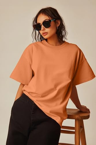 Image of JUNEBERRY Pure Cotton Oversized Baggy Fit Half Sleeve Drop Shoulder Plain Solid Round Neck T-Shirt for Women (Available in Black, White, Lilac, Cork, Maroon, Royal Blue, Swan White, Soap Nut Colors)