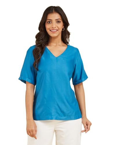 Haut bleu en viscose et soie vêtement fluide femme élégante