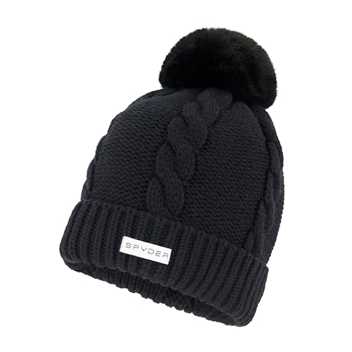 Spyder Womens Cable Knit Pom Pom Beanie with Ribbed Cuff Black One Size
