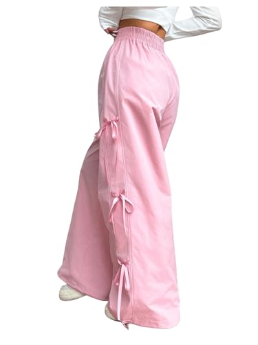 SweatyRocks Women's Y2K Elastic Waist Wide Leg Pants Bowknot Side Trousers with Pockets2