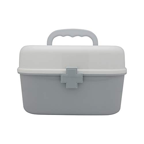 Image of BangQiao Plastic First Aid Storage Box Container Bin with Removable Tray and Portable Handle, Family Emergency Medicine Kit Case Organizer, White&Gray
