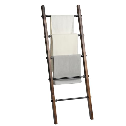 MyGift Rustic Blanket Ladder, Burnt Wood Throw Quilt Rack, Farmhouse Style with 5 Black Metal Rungs, Bathroom Towel Ladder Storage Rack