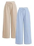 RoseSeek Girl's Linen Pants Elastic Waist Wide Leg Pants Beach Vacation Outfits Palazzo Trousers 2 Packs Beige and Blue 12Y