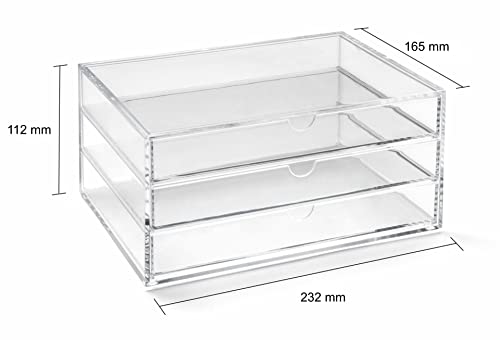 OSCO Transparent Acrylic 3-Drawer Storage Chest for Cosmetics, Jewellery & Stationery, Transparent Desktop Organiser with Non-Slip Feet, A5 Size, Clear