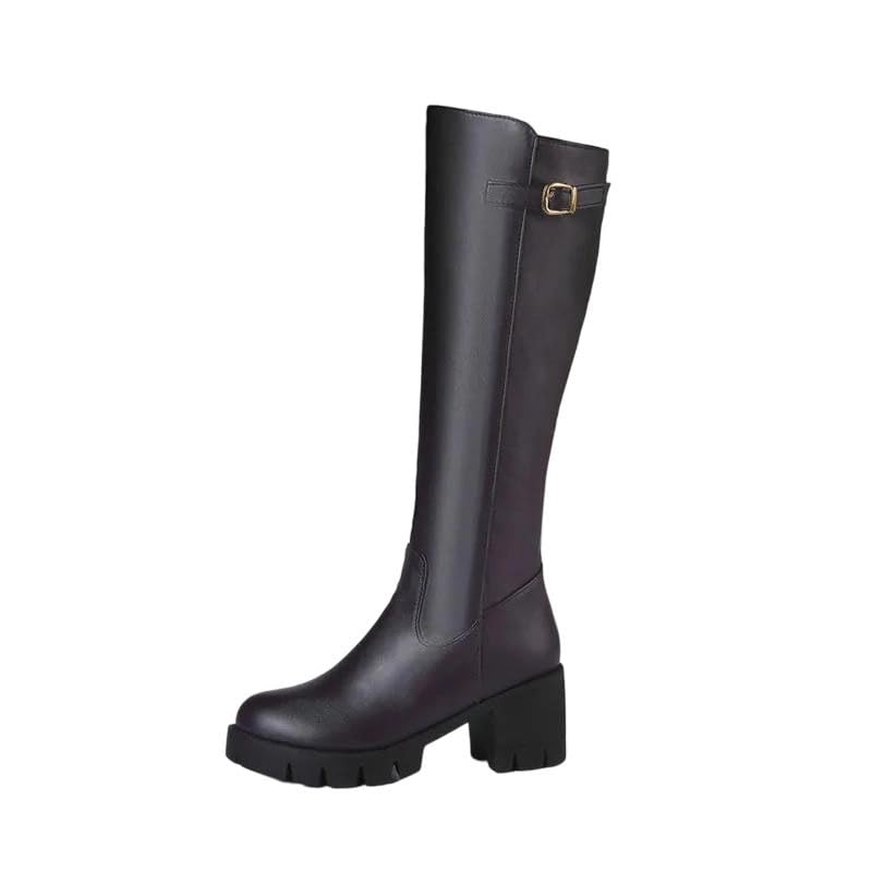 Womens Round Toe Knee High Platform Boots Side Zipper Closure Thick High Heels Warm Long Leisure Boots
