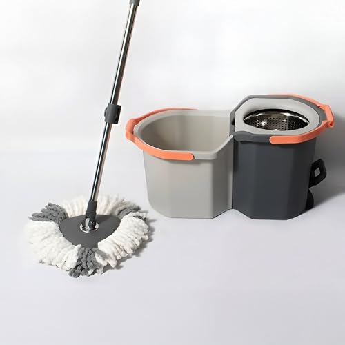 Image of Prime Pick Twin Spin Mop with Pedal Triangle Stainless Steel Wringer Puller Handle Microfiber Dry Wet Mop Floor Wall Cleaning with Extra Microfiber Cloth