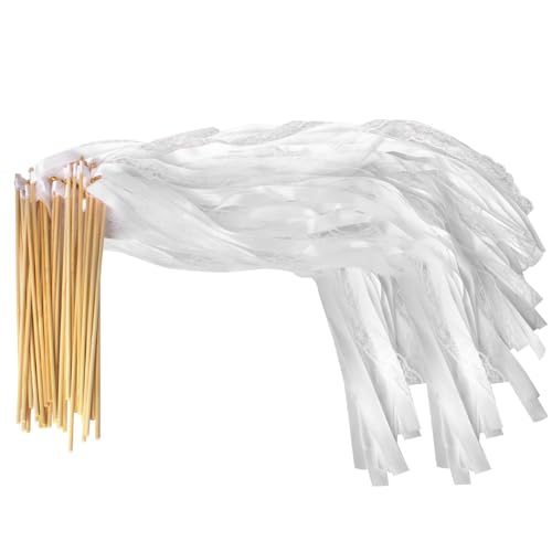 ZOYDP 50 Pièces Blanc Baguette Ruban Mariage, Baguettes De Mariage en Soie Avec Cloche, Baguette Ruban Clochette Mariage pour Mariage, Anniversaire, Fête...