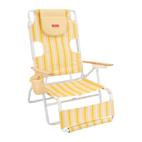 Flamingueo Silla Playa Plegable - Reclinable 5 Posiciones - Agujero Cabeza y Brazos - Reposapiés 3 Posicones - Asas Mochila - Bolsillo Insulado y Posavasos - Aluminio y Poliéster - Amarillo