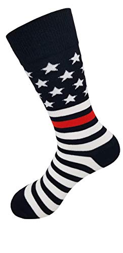 American Flag Thin Red Line Socks, Support Firefighter First Responders, USA Patriotic Crew Socks