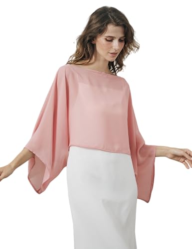 Image of BEAUTELICATE Women’s Chiffon Cape Capelet Chic Shawl Wrap Sheer Batwing Top Tunic for Summer Daily Wedding Evening Bridesmaid Mother of Bride Ballet Pink S-M