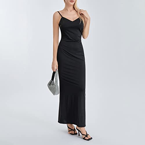 Image of Owl's-Yard Women Bodycon Long Dress Solid Color Spaghetti Strap Cocktail Dress Summer Party Backless Sling Dress