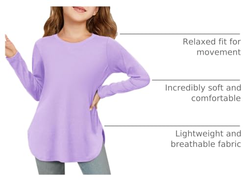 Image of Haloumoning Girls Long Sleeve T Shirts Kids Crewneck Tops 5-14 Years | Solid Color, Casual Loose Fit, Basic Tees, Curve Hem, Side Slit, Soft Tunic Tops, Fashion Clothes