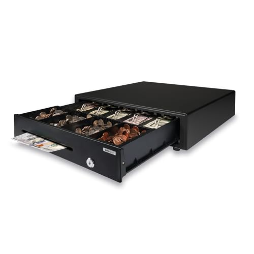 Image of Safescan LD-4141 Black Cash Drawer with 5 Bill/5 Coin Layout, Adjustable Tray, 12V Power Lasts At Least 500,000 Cycles, 3-Position Lock (locked, stand-by and open), 3-Year Warranty
