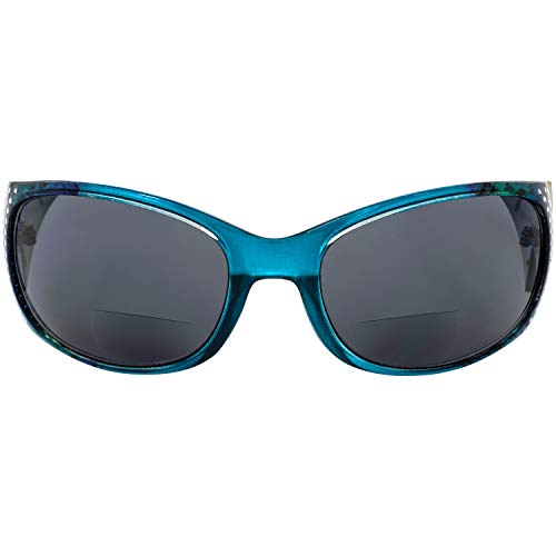 Global Vision Galaxy Womens Bifocal Fashion Motorcycle Sunglasses Chrome Rhinestone Look Blue Frames Smoke Lenses 2.5 Magnification2