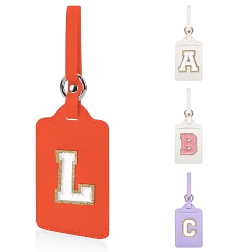 Personalized Initial Luggage Tags for Suitcases, Leather Chenille Letter Cute Luggage Tags with Privacy Name Card, Embroidered Travel Bag Backpack Tag Gifts for Women Kids Girls Teens(Orange-L)