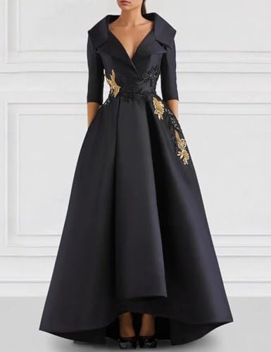 A-Line Vintage Elegant Evening Gown Embroidered Floor Length Long Sleeve V Neck Satin Formal Dress with Appliques2