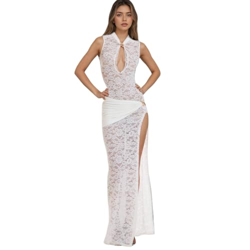 Image of OCUH Black Lace Dress Sheer Maxi Dresses Sexy Outfit for Women Going Out High Slit Skirt Bodycon Vacation Party Wear