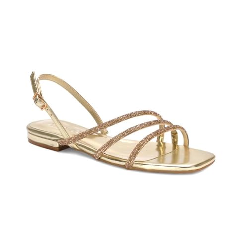 ESSEX GLAM Women's Flat Strappypy Sandals Ladies Sparkly Diamante Slingback Gold Metallic Strappy Holiday Dressy Shoes Size 7