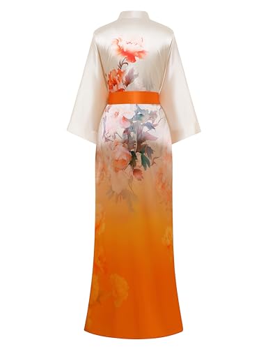 PRODESIGN Kimono Robes for Women - Long Satin Sleepwear Silky Nightgown Bathrobe Gradient Floral Dressing Gown Blouse Robe2