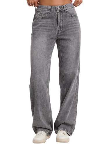 Wanduyini Straight Leg Jeans for Women High Waisted Casual Washed Vintage Loose Fit Boyfriend Jeans Denim Pants (Dark Grey,S)