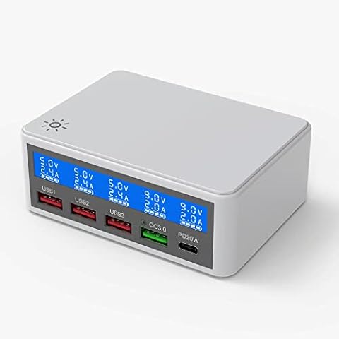 iLepo 65W USB Charger Multiport Charging Hub support USB-C PD 20W Fast Charge and 18W Quick Charge 3.0, Smart Charging Display Multi USB Charger Station for iPhone iPad Samsung Oneplus etc,white Cover