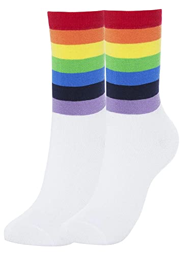 Kony Women's Cotton Rainbow Striped White High Ankle Socks Size 6-9 (White Rainbow - 4 Pairs) #TOP5