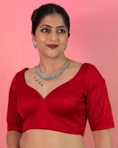 Image of FIGURE'S DESIGNER Women's Dupion Raw Silk Half Elbow Sleeves Sweetheart V Neck Sabyasachi Cut Readymade Saree Blouse S10