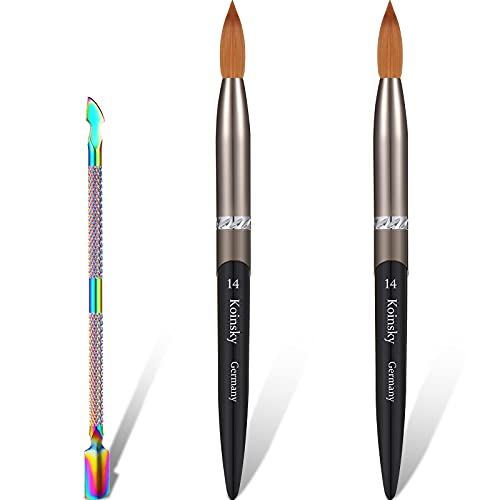 2 Pieces Acrylic Nail Brush Oval Crimped Kolinsky Acrylic Nail Brush Nails Art Brush Wood Nail Art Brush for Acrylic Application Manicure with Nail Art Stainless Steel Pusher Remover Tool (Size 14)