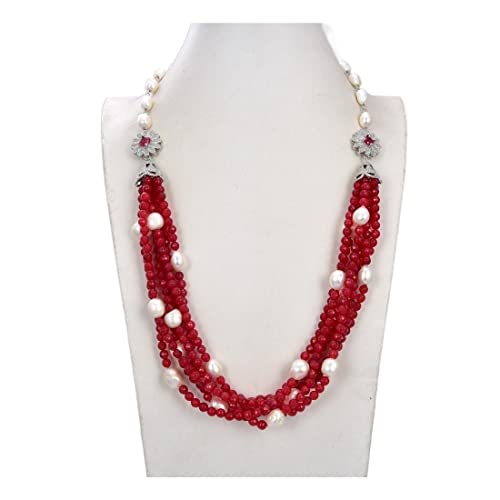 ジュエリー 78.7 cm 6ストランド ホワイト バロック パール レッド 翡翠 宝石 ストーン ネックレス