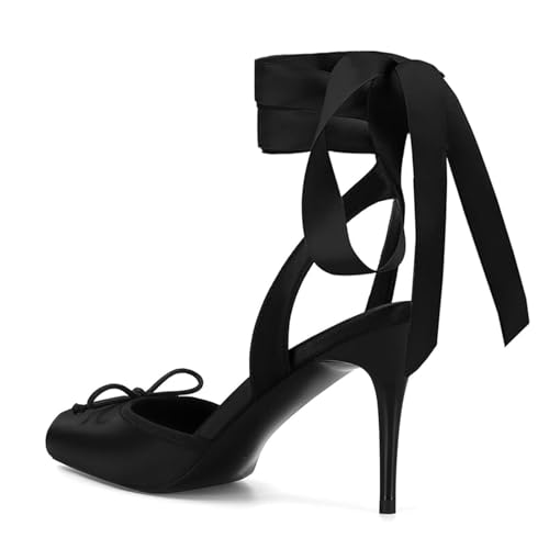 Image of Satin Ballet Heels for Women with Bow Square Toe Ballerina Stiletto Heels Lace Up High Heel Slingback Pumps Strappy Mary Janes Cute Elegant Party Shoes