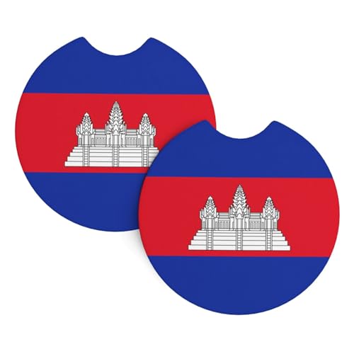 Lot de 2 dessous de verre en néoprène absorbant et antidérapant pour voiture Motif drapeau du Cambodge
