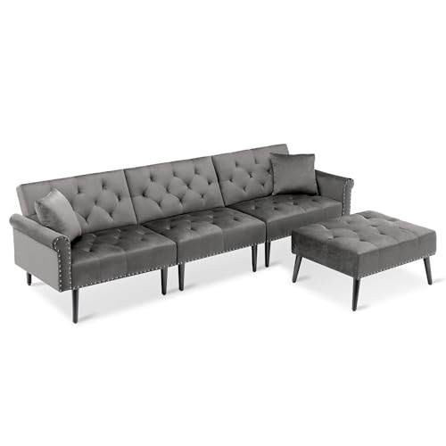 MCombo 3-Seat L-Shaped Sofa Bed with Ottoman, Gray