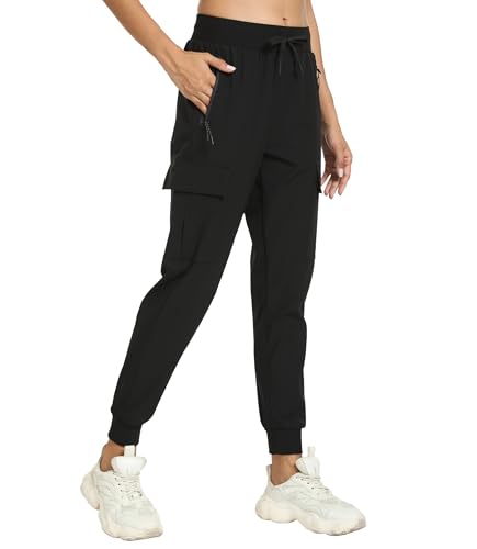 Womens Cargo Hiking Pants with Pocket - Lightweight Quick Dry Workout Joggers for Travel, Camping and Outdoor Wear(Black S)