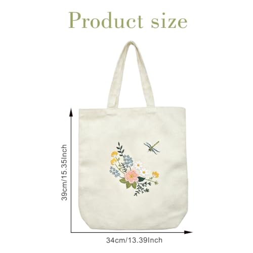 Image of Canvas Tote Bag Embroidery Kit, Embroidery Kits for Beginners, Arts and DIY Crafts Embroidery Starter kit, Include Stamped Embroidery Bag, Threads, Embroidery Tools (Beige Bag with Dragonfly 2)