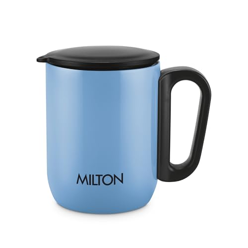 Image of MILTON Gemini Coffee Mug 250 Double Walled Non - Insulated | 220 ml Inner Stainless Steel Tea Mug with Lid & Handle | Hot & Cold | Coffee Mug Travel Tea Cup | Black Coffee | Tea Cup Single |Light Blue